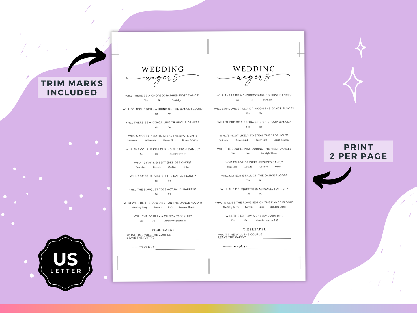"Wedding Wagers" Wedding Prop Bet Game