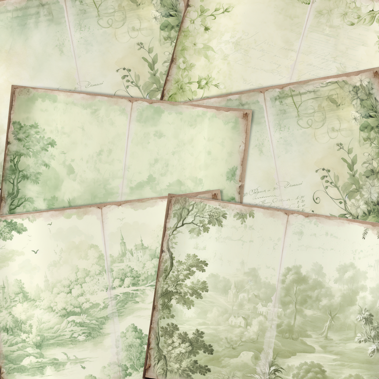 Green Toile - Junk Journal & Scrapbooking Papers