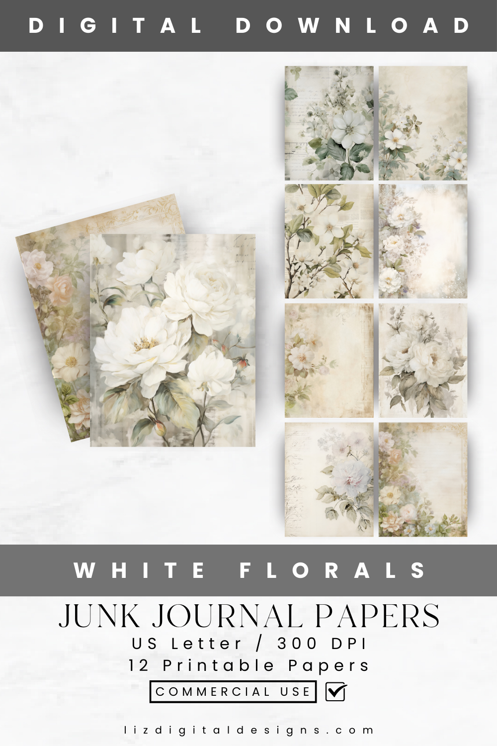 White Florals - Junk Journal & Scrapbooking Papers