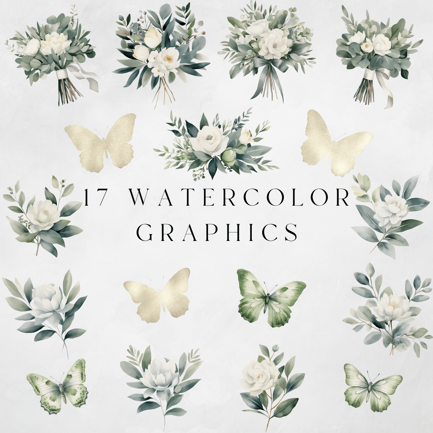 Watercolor White Florals & Butterflies Clipart Pack