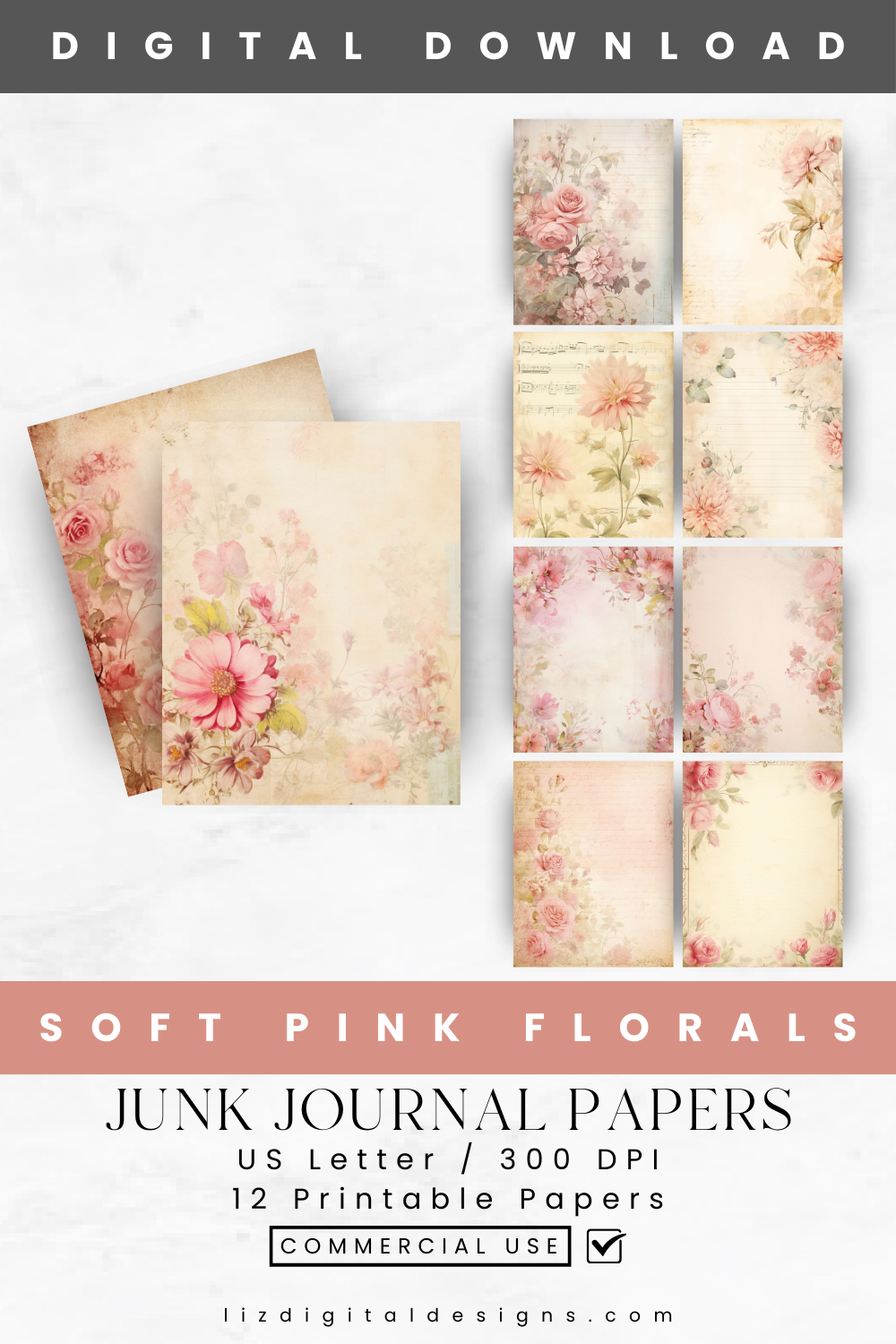 Soft Pink Florals - Junk Journal & Scrapbooking Papers