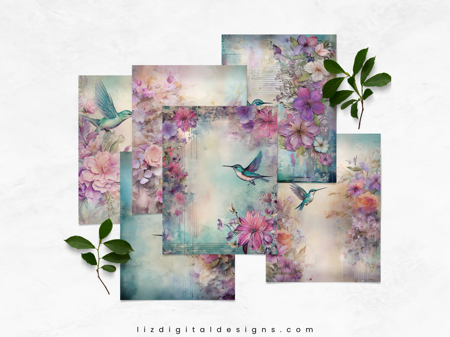 Hummingbird and Florals - Junk Journal & Scrapbooking Papers