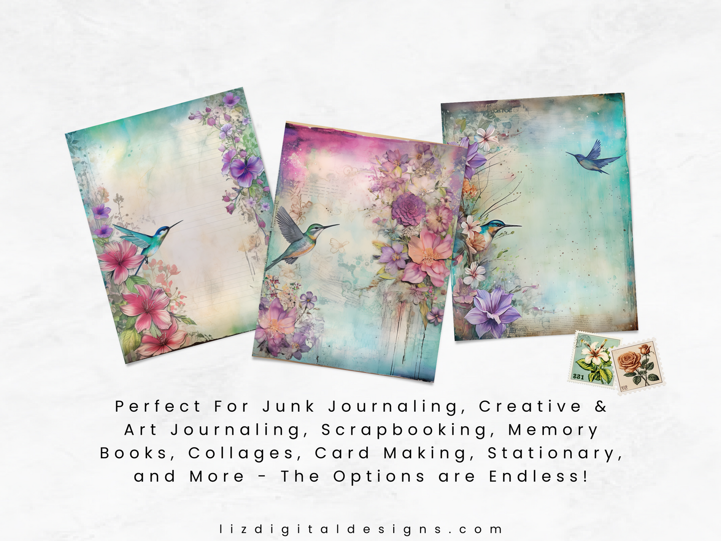 Hummingbird and Florals - Junk Journal & Scrapbooking Papers