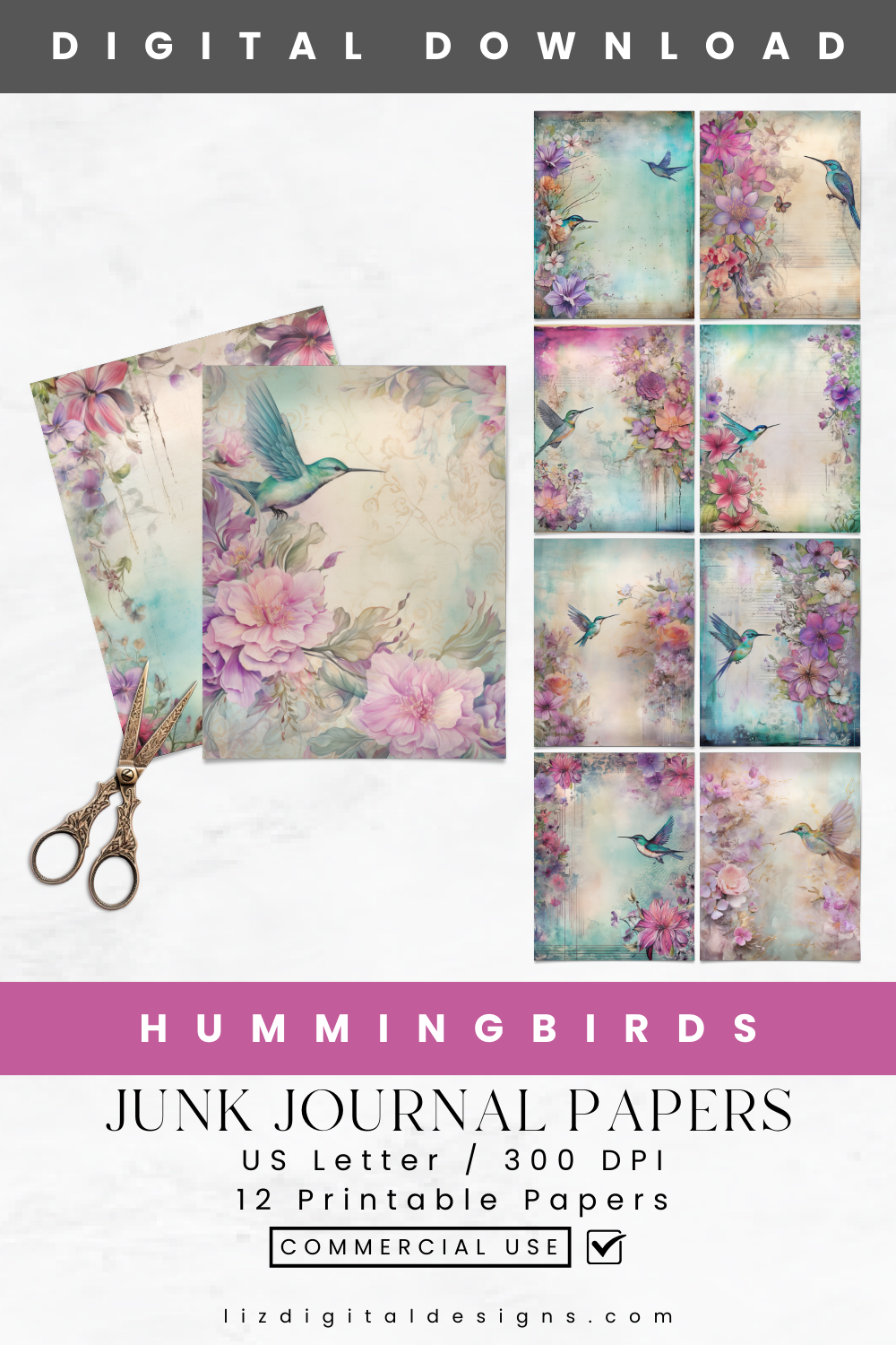 Hummingbird and Florals - Junk Journal & Scrapbooking Papers