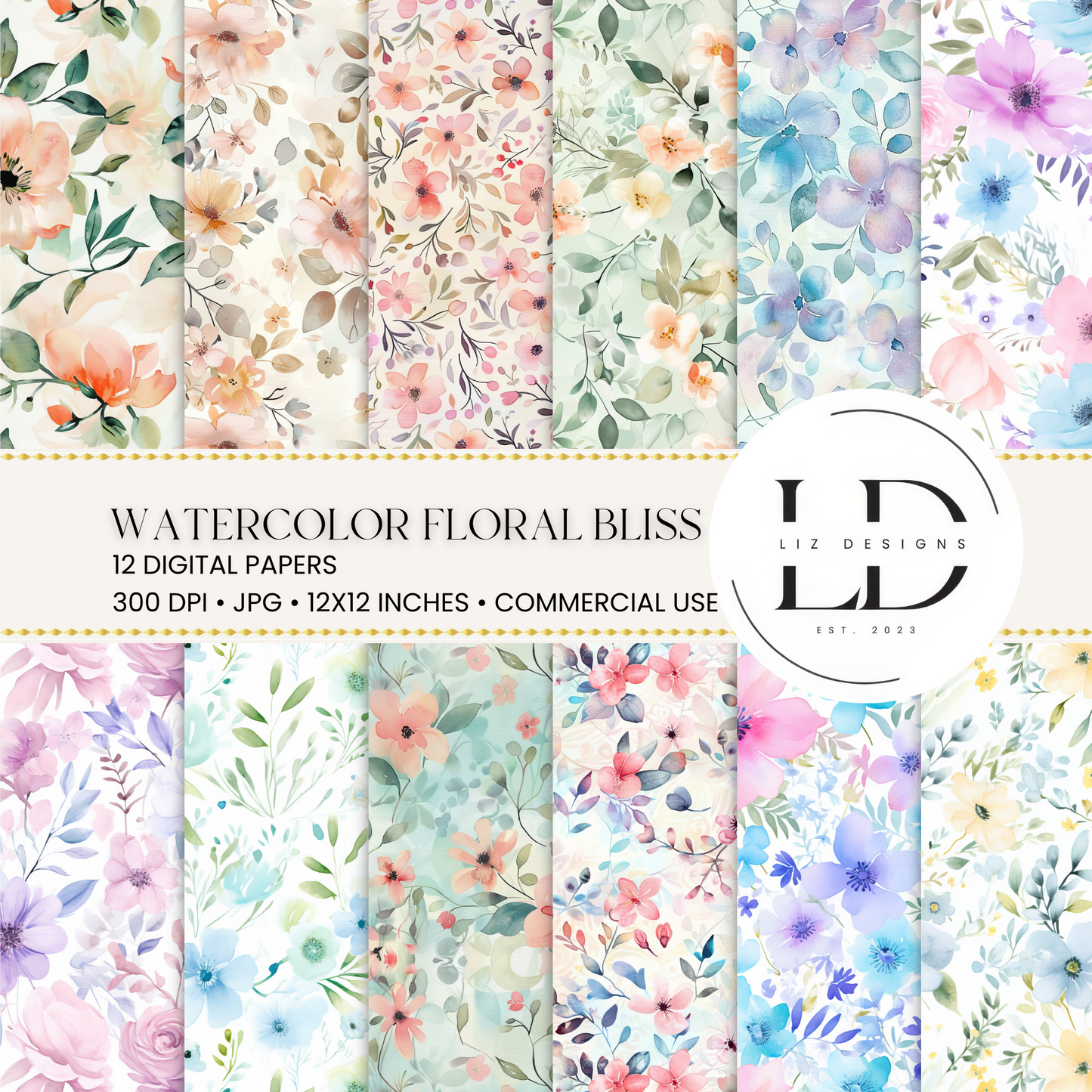 Watercolor Floral Bliss Digital Papers