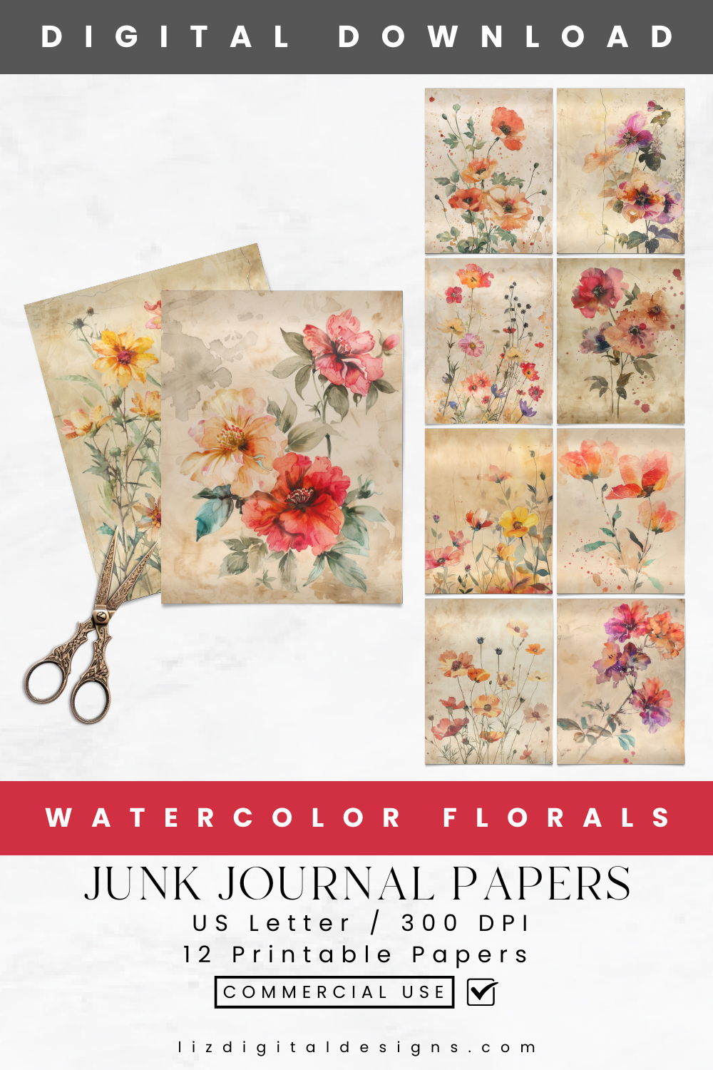 Watercolor Florals - Junk Journal & Scrapbooking Paper