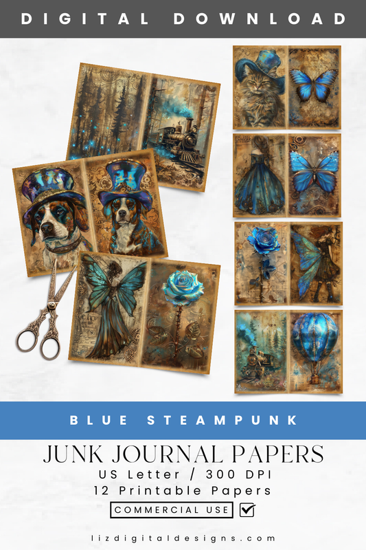 Blue Steampunk - Junk Journal & Scrapbooking Paper