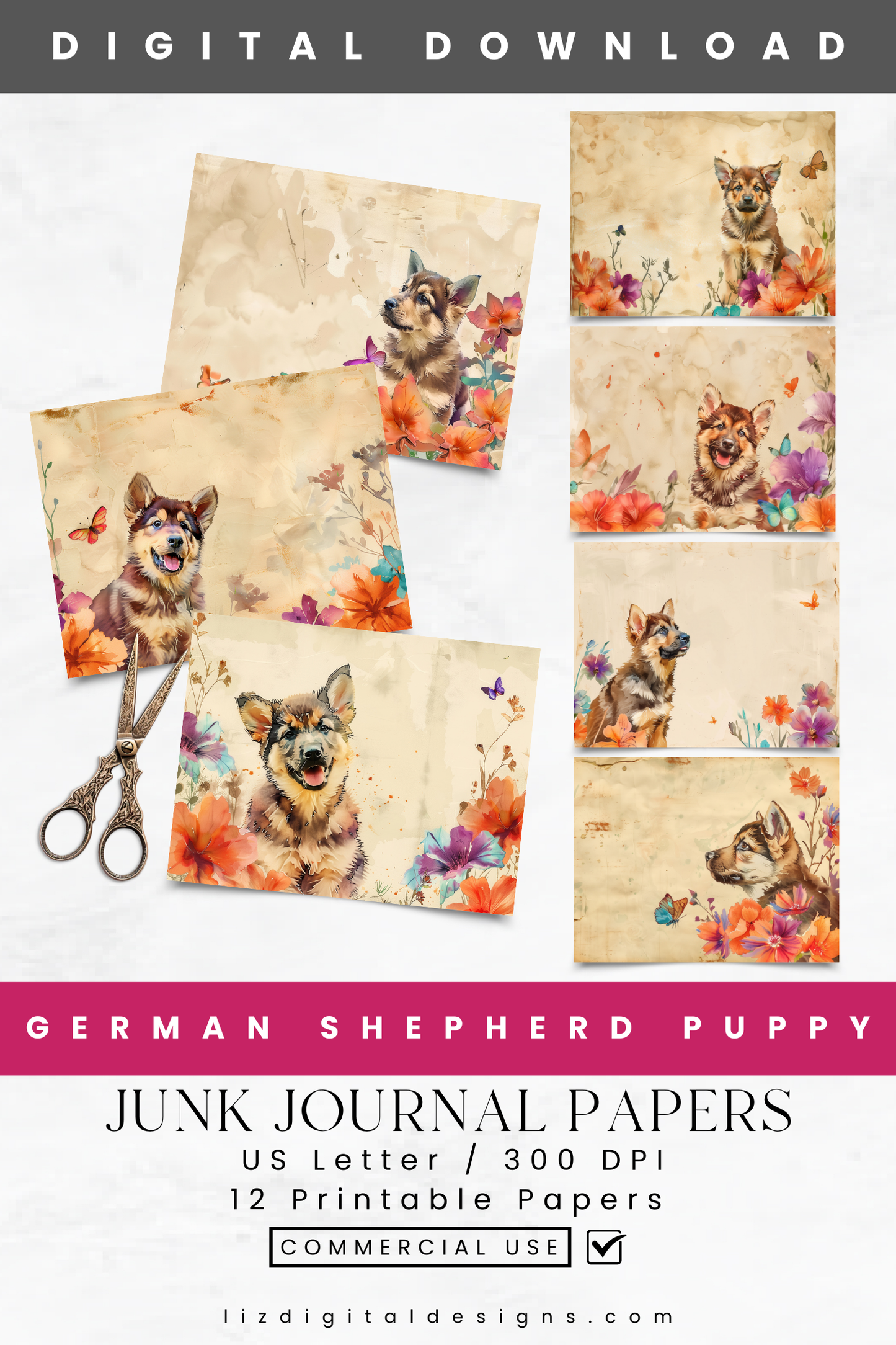 German Shepherd Puppy - Junk Journal & Scrapbooking Paper
