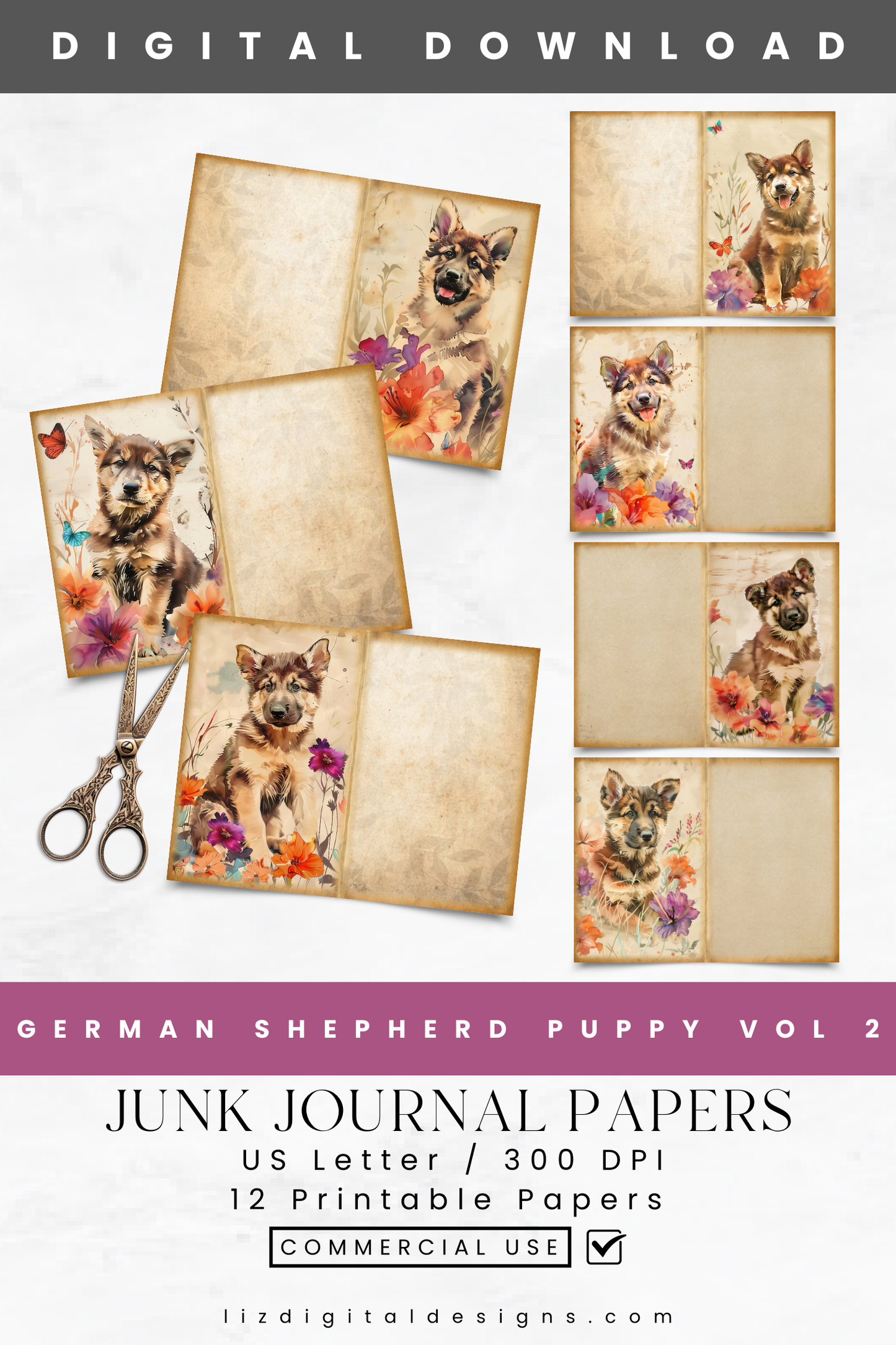 German Shepherd Puppy Vol 2 - Junk Journal & Scrapbooking Paper