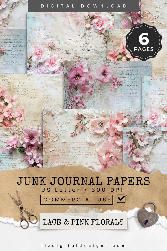 Lace & Pink Florals - Junk Journal & Scrapbooking Paper