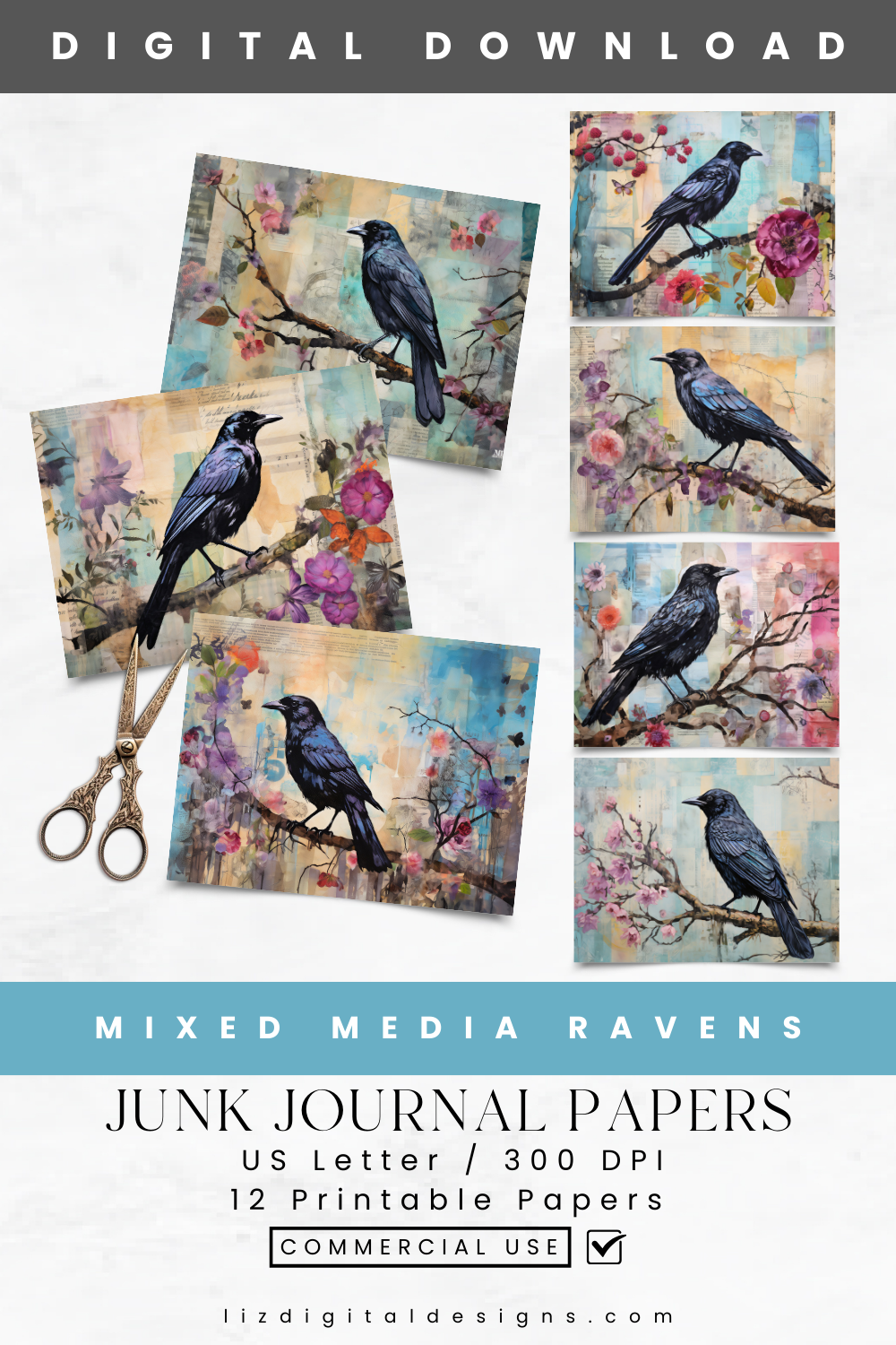 Mixed Media Ravens - Junk Journal & Scrapbooking Paper