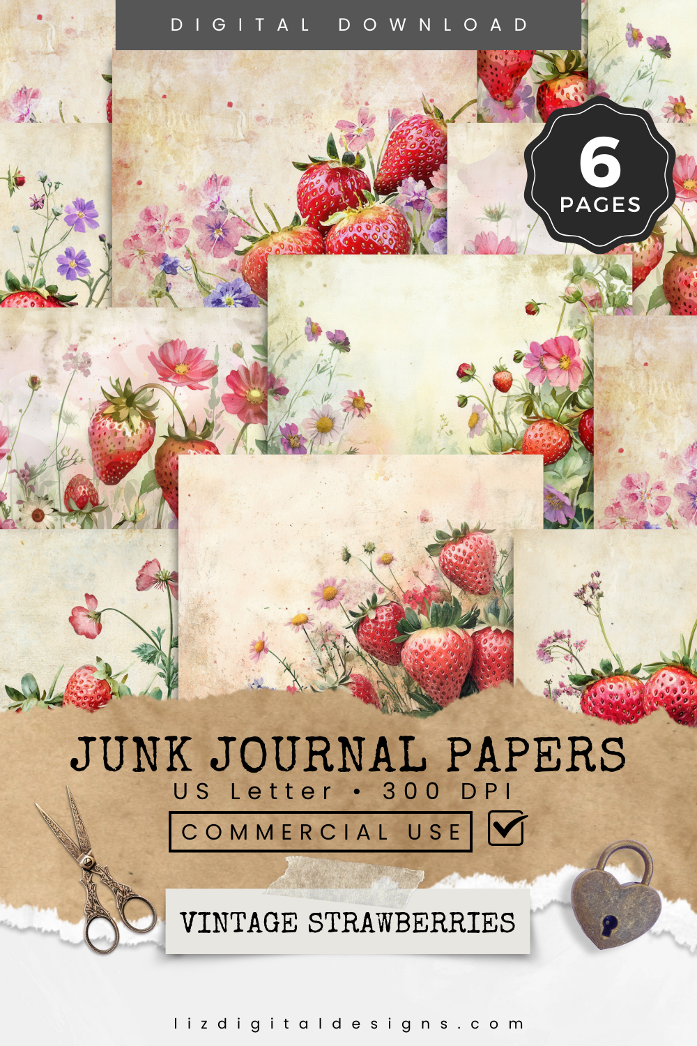 Vintage Strawberries - Junk Journal & Scrapbooking Paper