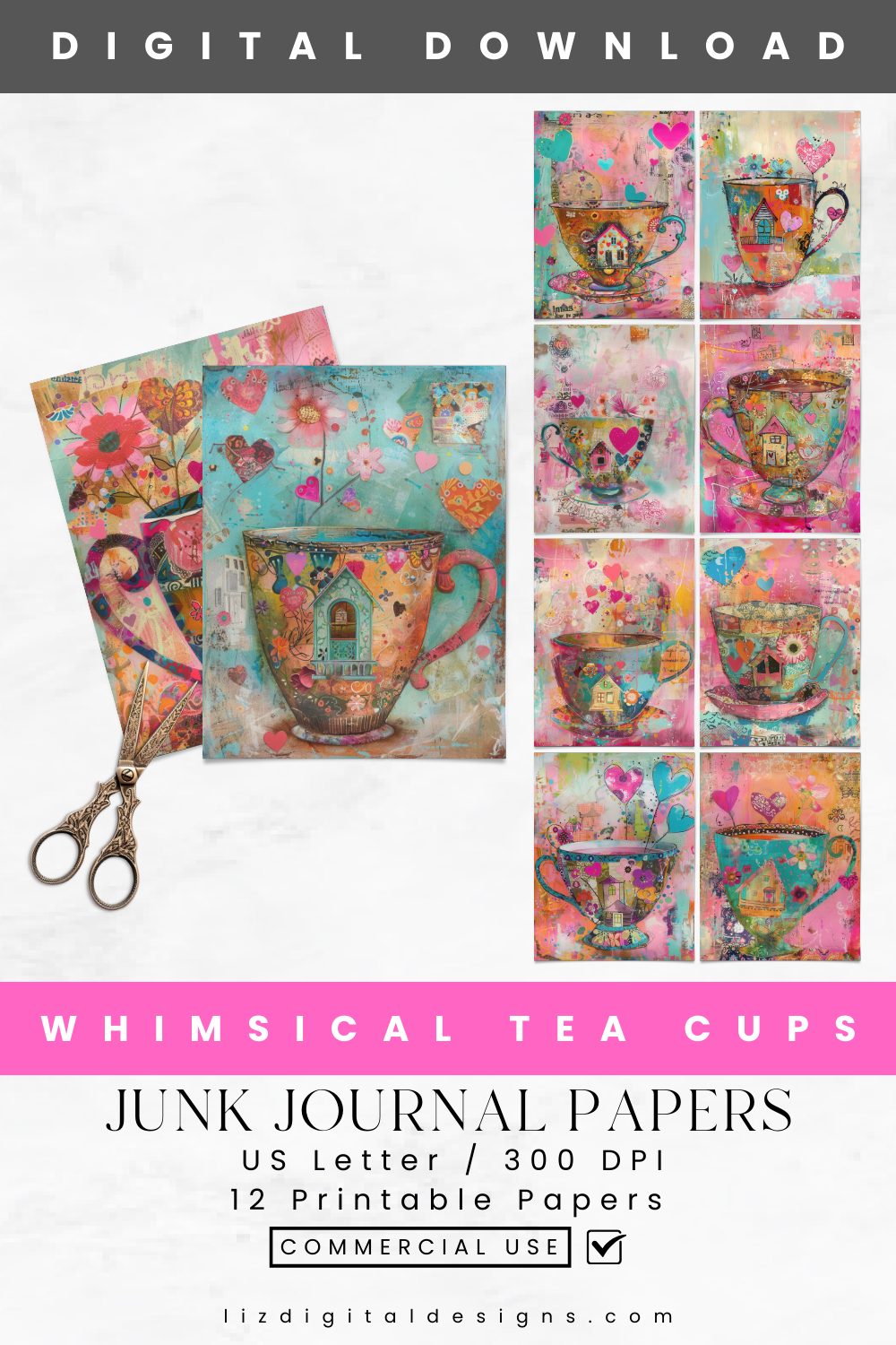 Whimsical Tea Cups - Junk Journal & Scrapbooking Paper