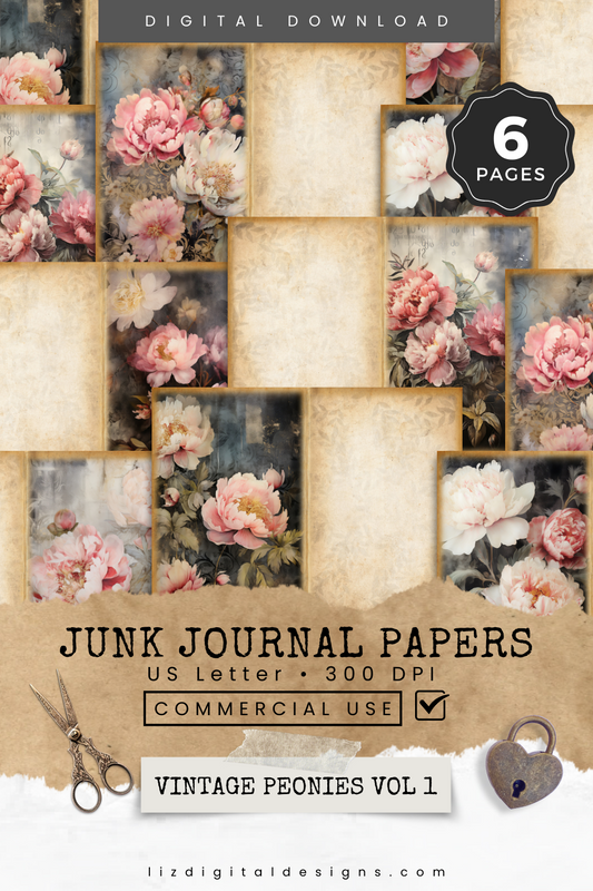 Vintage Peonies Vol 1 - Junk Journal & Scrapbooking Papers