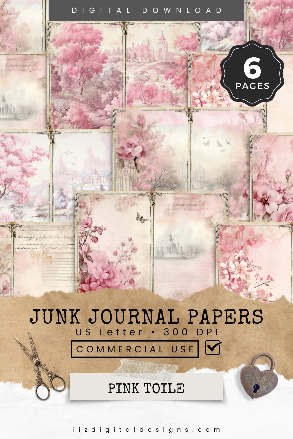 Pink Toile - Junk Journal & Scrapbooking Papers