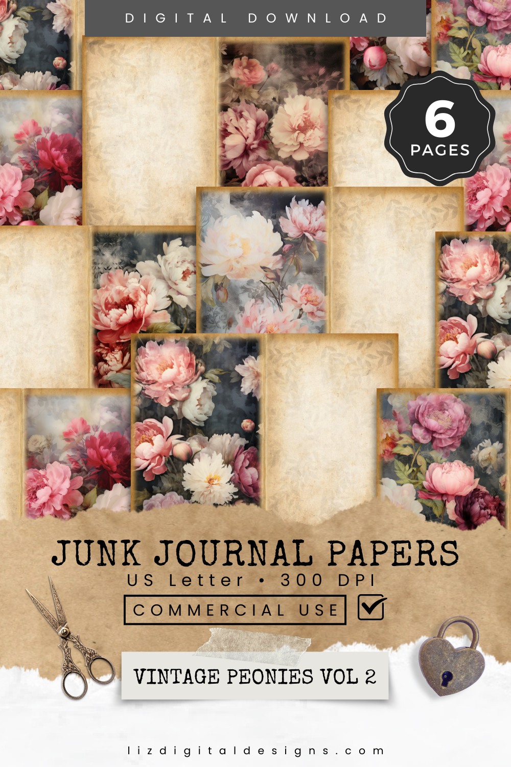 Vintage Peonies Vol 2 - Junk Journal & Scrapbooking Papers