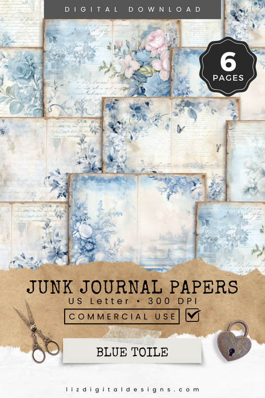 Blue Toile - Junk Journal & Scrapbooking Papers