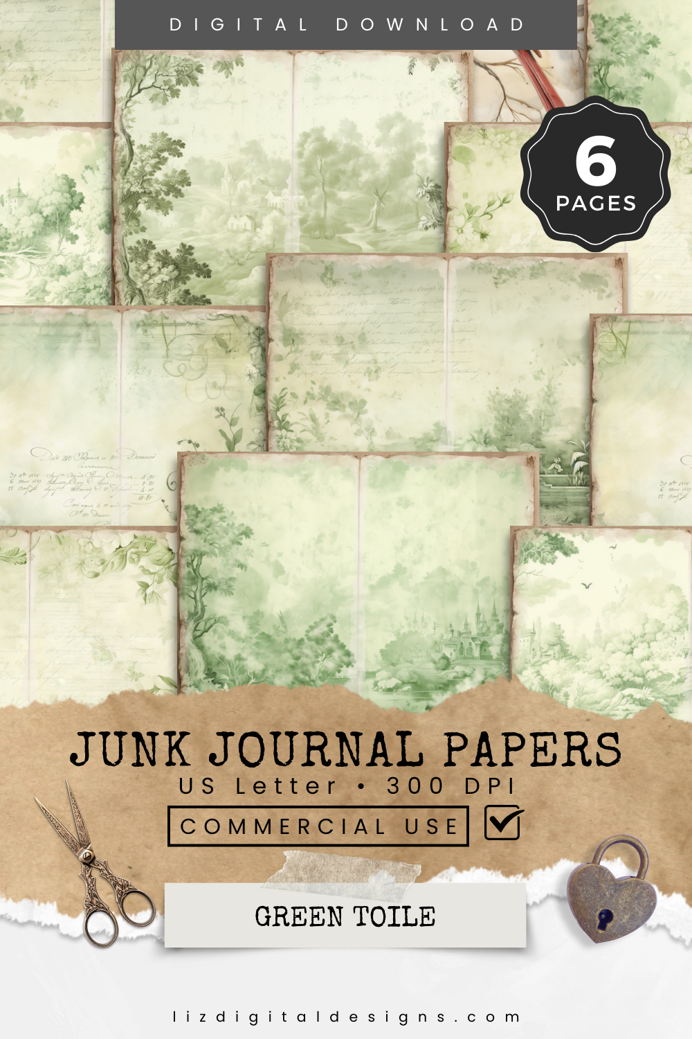 Green Toile - Junk Journal & Scrapbooking Papers