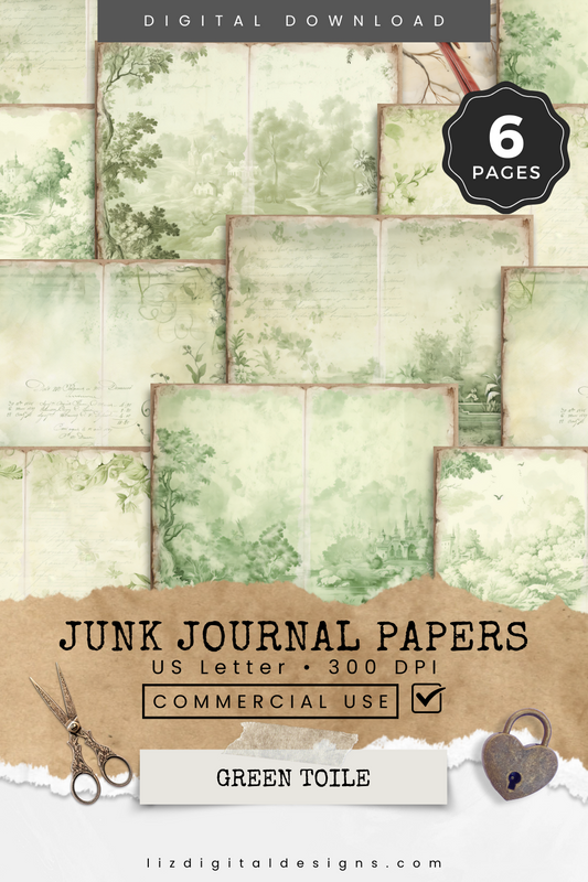 Green Toile - Junk Journal & Scrapbooking Papers