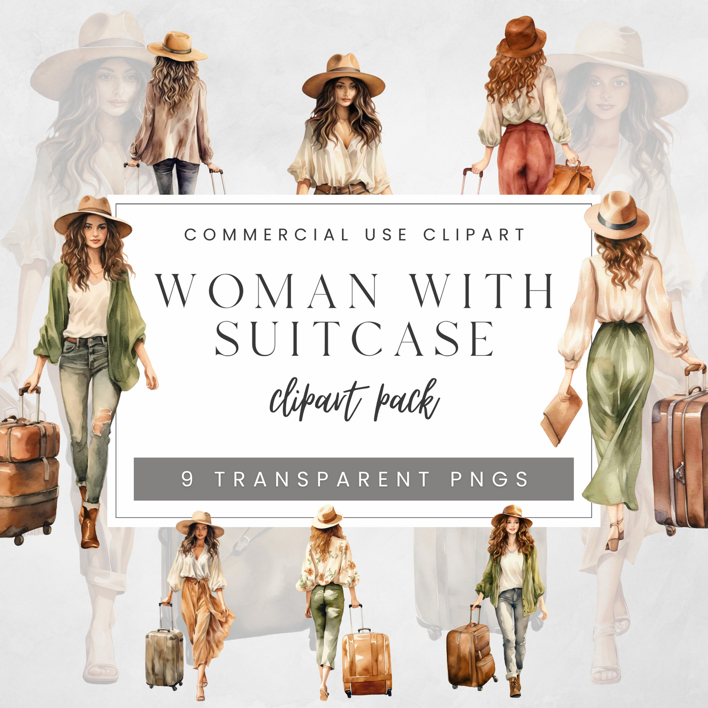 Woman with Suitcase Clipart Pack